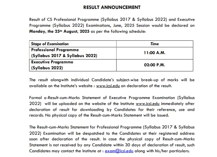 ICSI CS June Result 2025 on August 25: Steps to download your scorecard here