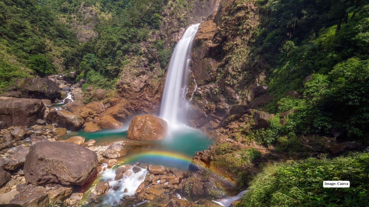 10. Cherrapunji, Meghalaya, India India’s wettest region, Cherrapunji, sees near-daily rainbows during September monsoons, shimmering over lush green landscapes, hanging waterfalls, and misty valleys, delivering nature’s most enchanting and colorful spectacles. (Image: Canva)