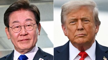 (COMBO) This combination of pictures created on August 19, 2025 shows President of South Korea Lee Jae-myung (L) in Seoul on June 4, 2025 and US President Donald Trump (R) in Anchorage, Alaska, on August 15, 2025. 