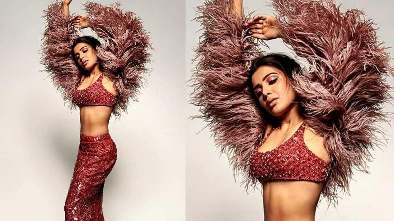 2. Bold Feather Glam Wearing a striking red sequined co-ord set with dramatic feather sleeves, Samantha exudes confidence and high-fashion glamour. This bold look highlights her fearless approach to style, mixing drama with elegance.