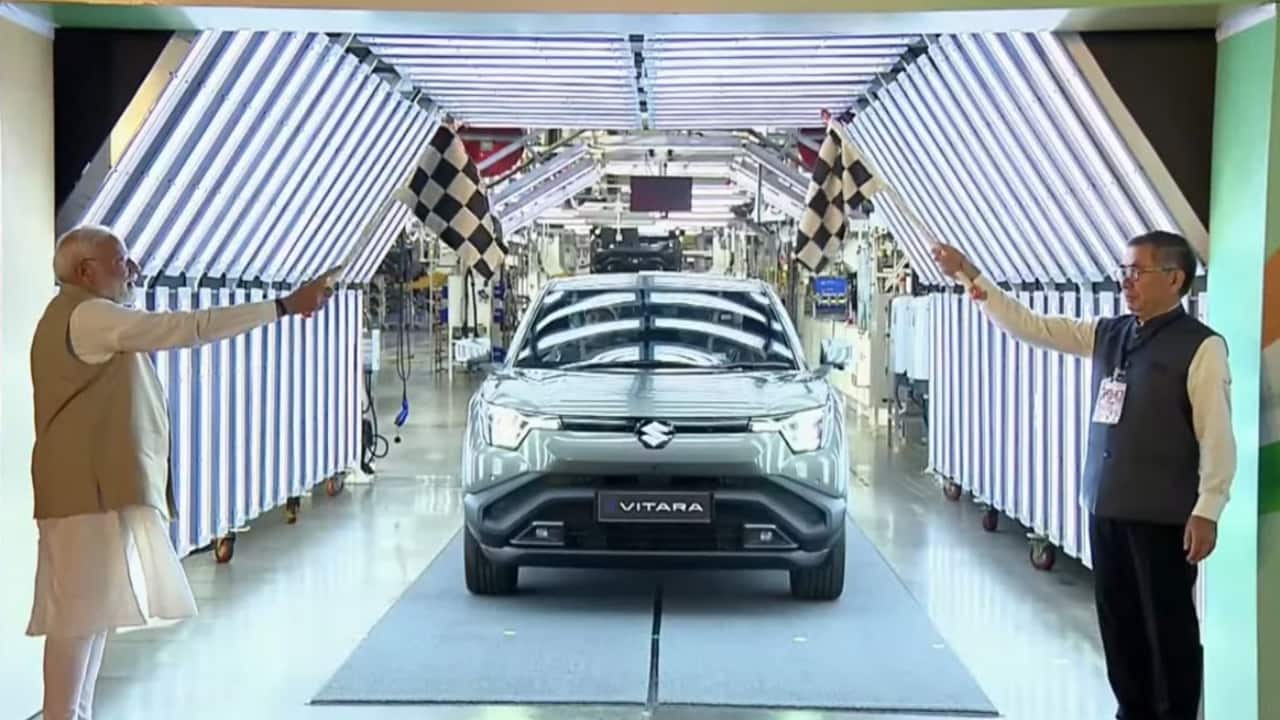 Prime Minister Narendra Modi flags off the Maruti Suzuki e Vitara electric SUV.