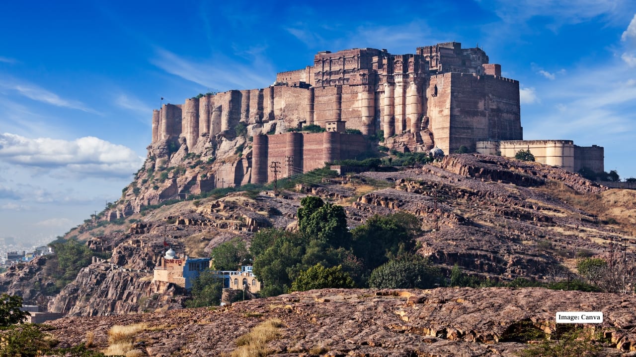 3. Mehrangarh Fort (India) Perched atop a hill, this formidable fort spans over 81,000 sqm. Built in the 15th century, it blends Rajput and Mughal styles and provides breathtaking views over Jodhpur. (Image: Canva)