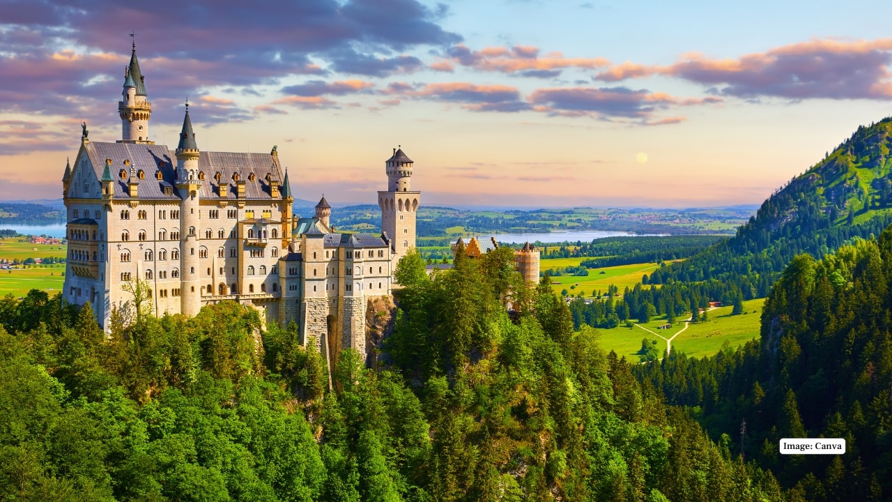 7. Neuschwanstein Castle (Germany) Inspires with its fairy-tale appearance. Built in the 19th century under King Ludwig II, its romantic towers and alpine backdrop famously influenced Disney’s Sleeping Beauty Castle. (Image: Canva)