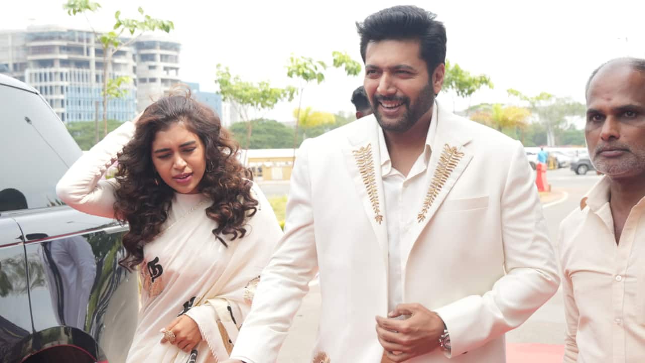 Ravi Mohan twins in white with girlfriend Keneeshaa at his production banner launch event, announces directorial debut 'An Ordinary Man'