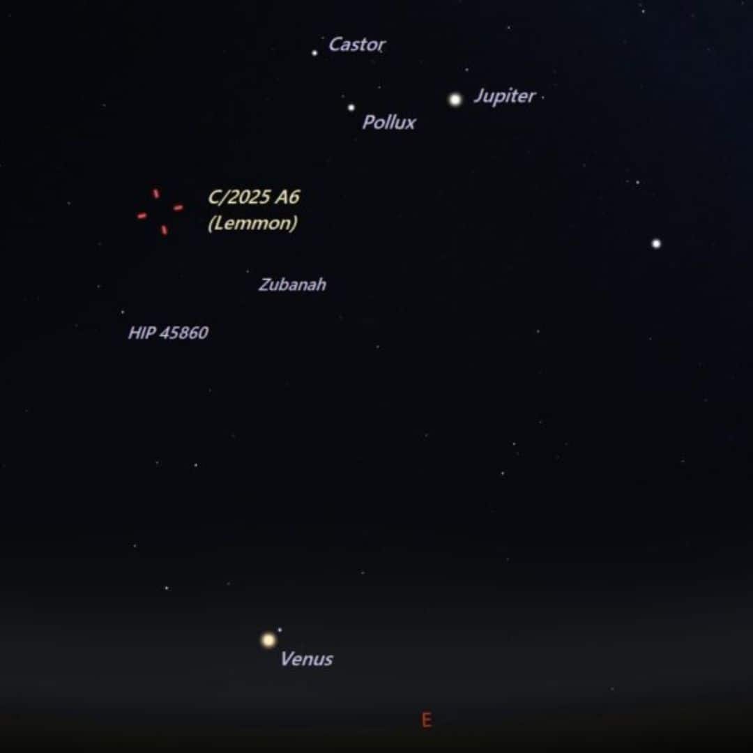 Finder chart for Comet C/2025 A6 Lemmon on 20 September 2025. Visible in the eastern sky before dawn. (Image: Eddie Irizarry/Stellarium.)