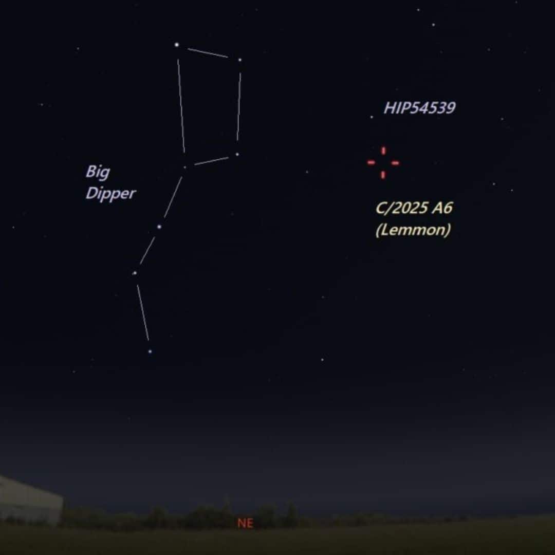 Finder chart for Comet C/2025 A6 Lemmon on 20 October 2025. The comet can be seen in the northwest after sunset. (Image: Eddie Irizarry/Stellarium)