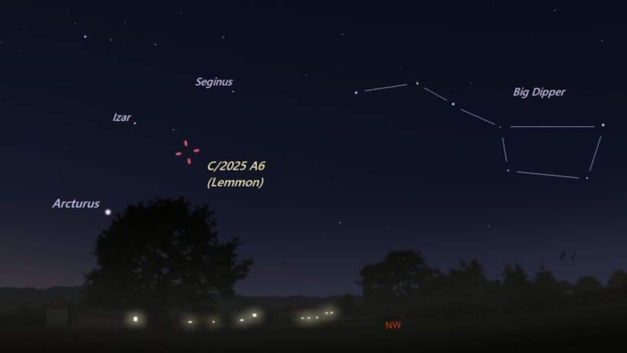 Finder chart for Comet C/2025 A6 Lemmon on 20 October 2025. Visible in the northwest sky shortly after sunset. (Image: Eddie Irizarry/Stellarium)