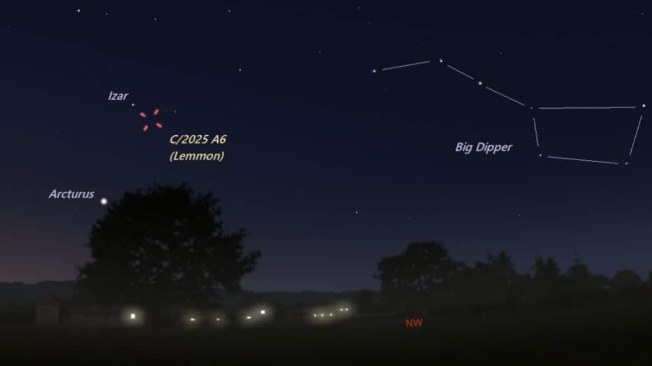 Finder chart for Comet C/2025 A6 Lemmon on 21 October 2025. Look northwest near the bright star Arcturus in Boötes. (Image:  Eddie Irizarry/ Stellarium)