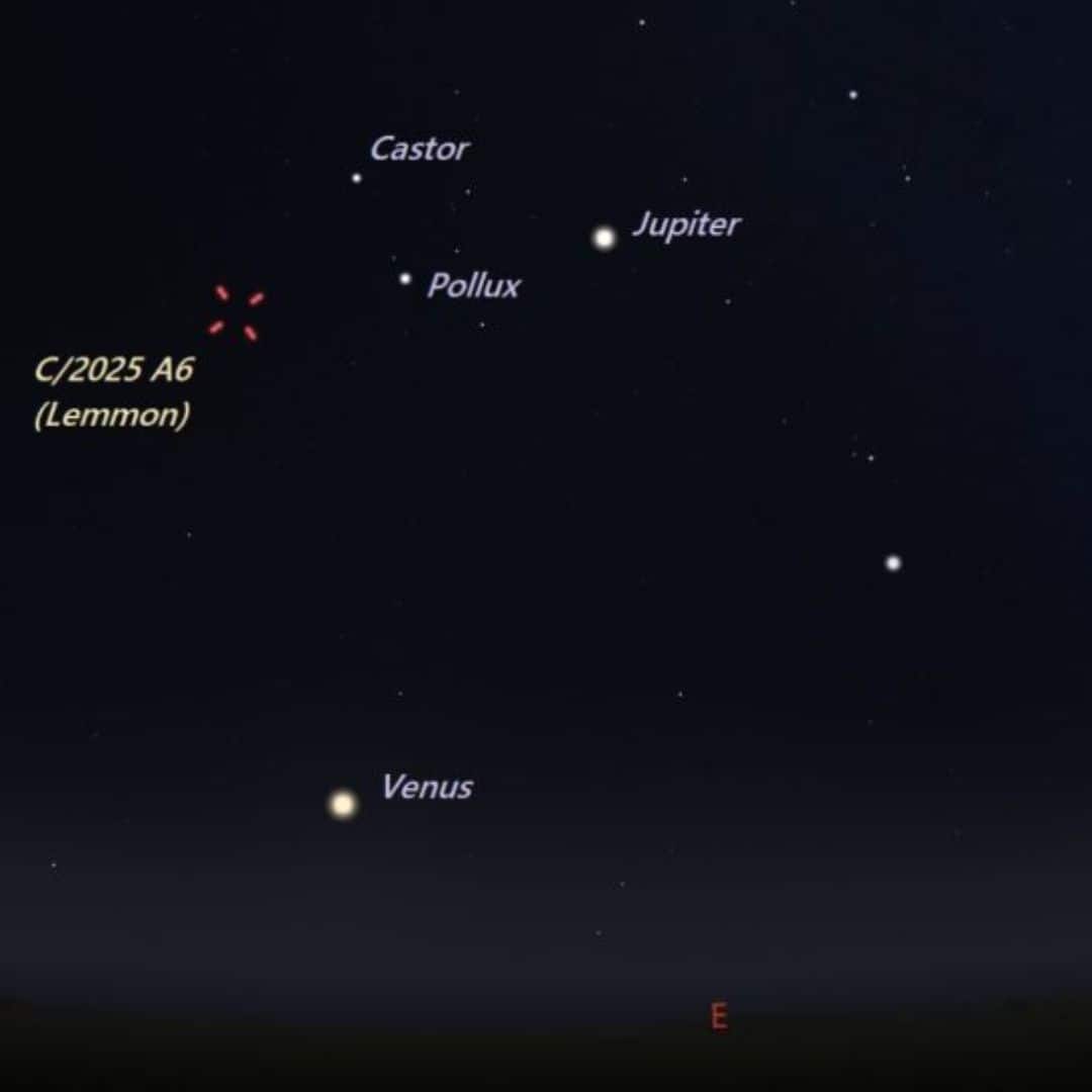 Finder chart for Comet C/2025 A6 Lemmon on 6 September 2025. The comet will be visible in the eastern sky before dawn. (Image: Eddie Irizarry/ Stellarium)