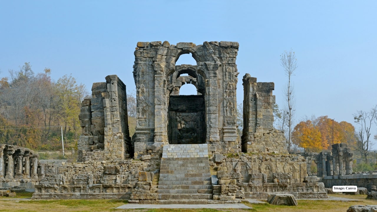 1. Martand Sun Temple, Kashmir — Haider (2014) Remember Shahid Kapoor’s dramatic “Bismil” dance? Shot against the 8th-century ruins near Anantnag, the Martand Sun Temple suddenly became a star attraction. Standing amid the mighty Himalayas, these crumbling yet majestic pillars feel like a living poem carved in stone. (Image: Canva)