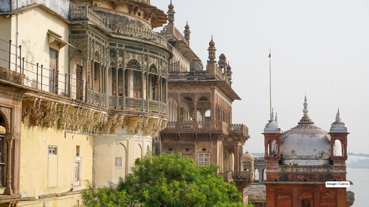 6. Ramnagar Fort, Varanasi — Brahmāstra (2022) Rising gracefully by the Ganga, Ramnagar Fort was reimagined as a mystical ashram in Brahmāstra. Its courtyards, vintage cars, and riverside ghats blur the line between reel and real magic. Cross the river by boat and see it glow at sunset. (Image: Canva)