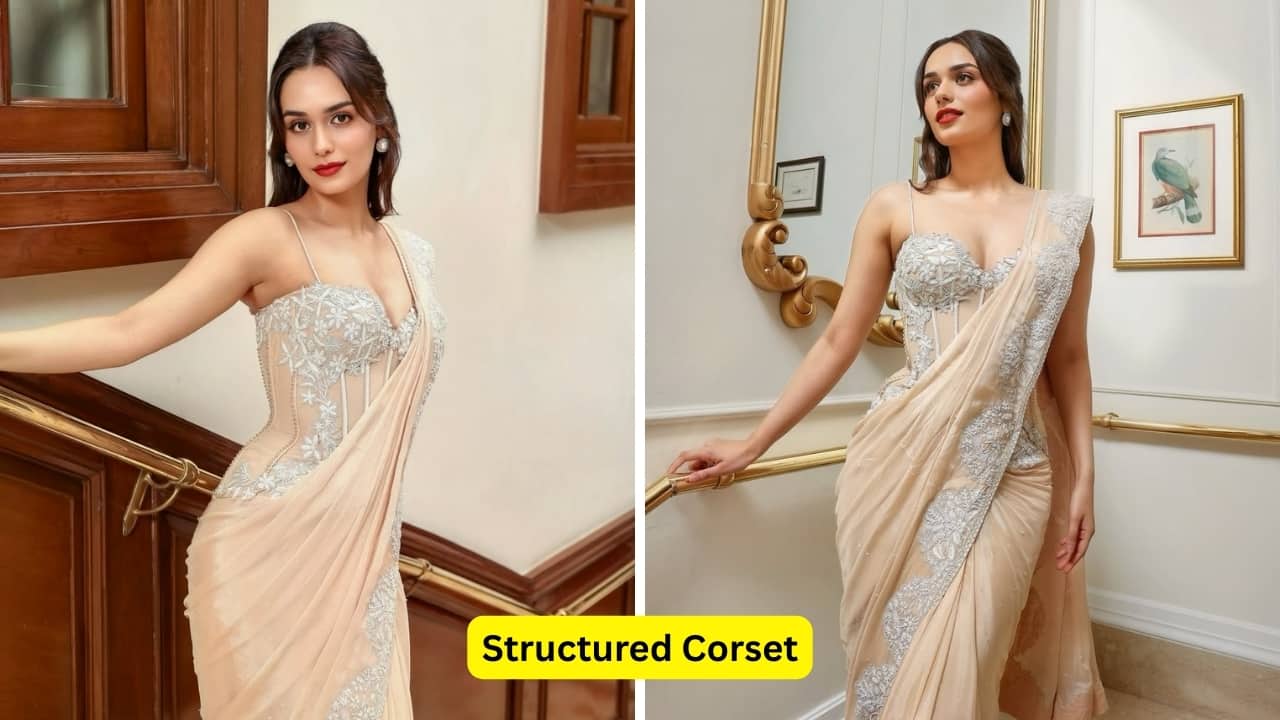 Structured Corset This scalloped wildflower saree is poetry in motion thanks to its romantic peach hue and fluid chiffon that drapes beautifully. Manushi Chillar pairs it with an elegant structured blouse featuring floral embroidery.(Image: Canva) Structured Corset This scalloped wildflower saree is poetry in motion thanks to its romantic peach hue and fluid chiffon that drapes beautifully. Manushi Chillar pairs it with an elegant structured blouse featuring floral embroidery.(Image: Canva)