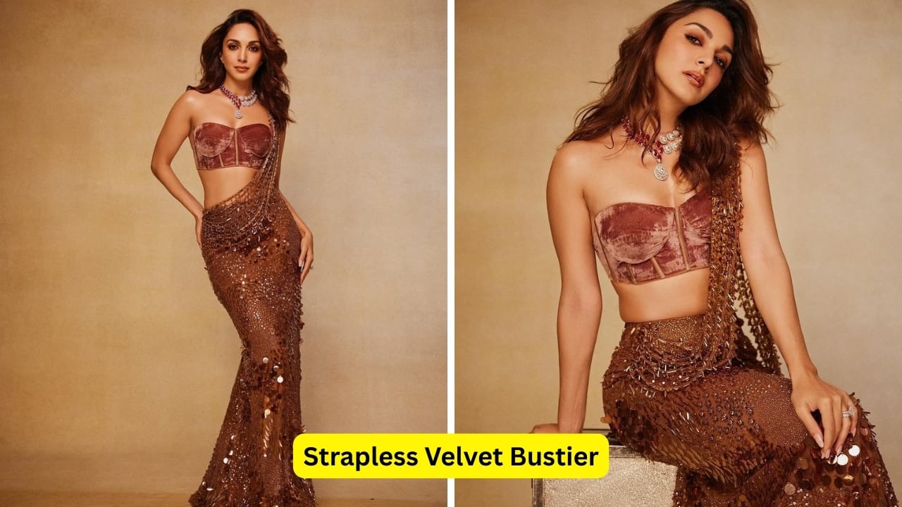 Strapless Velvet Bustier Kiara Advani mesmerises in a sepia-hued structured saree with a crystal pallu and a velvet strapless bustier. It’s the modern design and glamorous detailing that make this ensemble an absolute show-stopper.(Image: Canva) Strapless Velvet Bustier Kiara Advani mesmerises in a sepia-hued structured saree with a crystal pallu and a velvet strapless bustier. It’s the modern design and glamorous detailing that make this ensemble an absolute show-stopper.(Image: Canva)