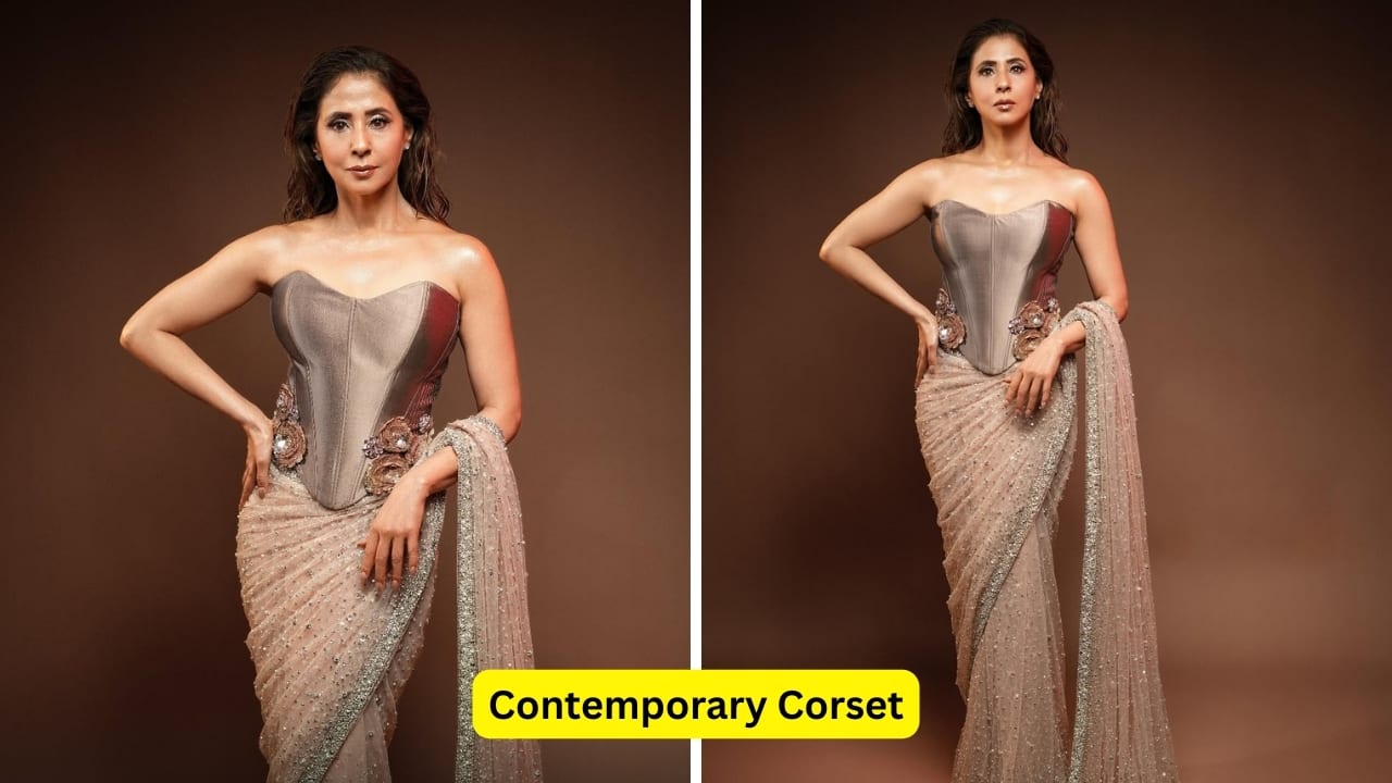 Contemporary Corset As they say, God lies in the details. Urmila Matondkar’s contemporary corset fits her like a glove, and the metallic hue matches the classic 10-year-old archival saree perfectly. It’s earthy, glamorous, and glittering, setting it apart.(Image: Canva) Contemporary Corset As they say, God lies in the details. Urmila Matondkar’s contemporary corset fits her like a glove, and the metallic hue matches the classic 10-year-old archival saree perfectly. It’s earthy, glamorous, and glittering, setting it apart.(Image: Canva)