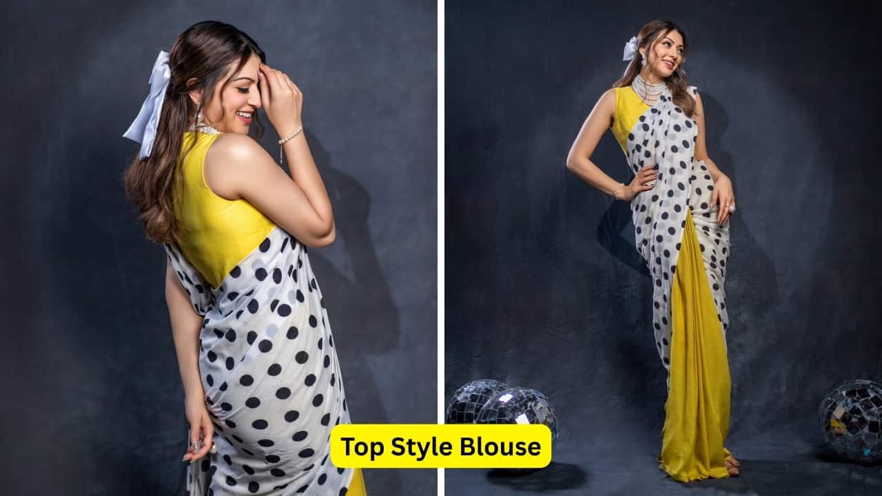 Top Style Blouse Hansika redefines retro charm with her yellow-stitched drape paired with a matching top-style blouse. The saree’s polka dot pallu gives it an interesting visual appeal, making it a fun, playful pick for the festive season.(Image: Canva) Top Style Blouse Hansika redefines retro charm with her yellow-stitched drape paired with a matching top-style blouse. The saree’s polka dot pallu gives it an interesting visual appeal, making it a fun, playful pick for the festive season.(Image: Canva)