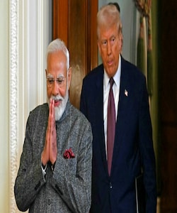 File Image - US President Donald Trump and Indian Prime Minister Narendra Modi arrive to hold a joint press conference in the East Room of the White House in Washington, DC, on February 13, 2025. 