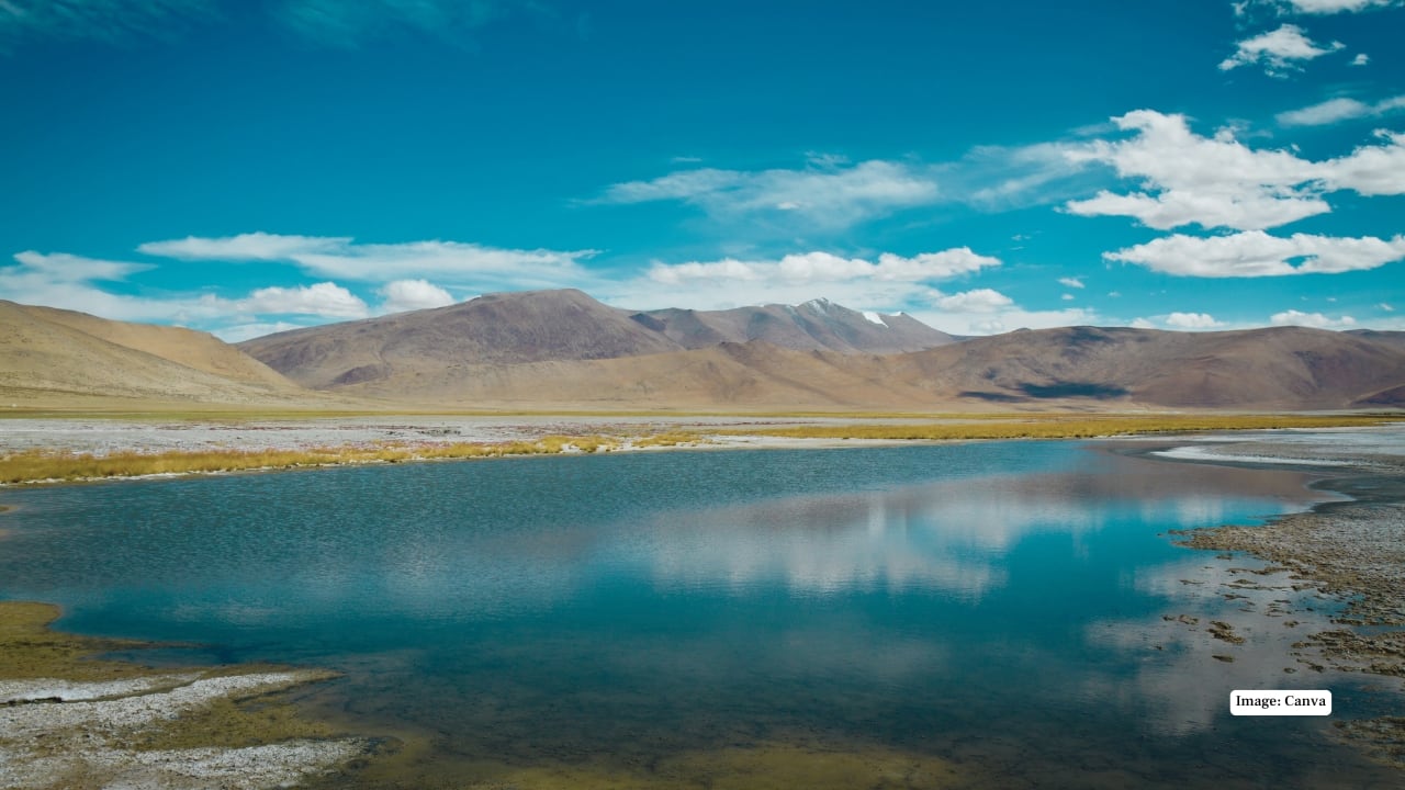 3. Tso Kar Lake: The Saltwater Marvel Known as the “White Lake”, Tso Kar is a saltwater expanse located in the Changthang plateau. Its silvery-white salt deposits glisten under the morning sun, creating a magical, almost otherworldly scene. Nomadic settlements along the shores offer cultural insights, making Tso Kar a blend of natural wonder and Ladakhi heritage. (Image: canva)