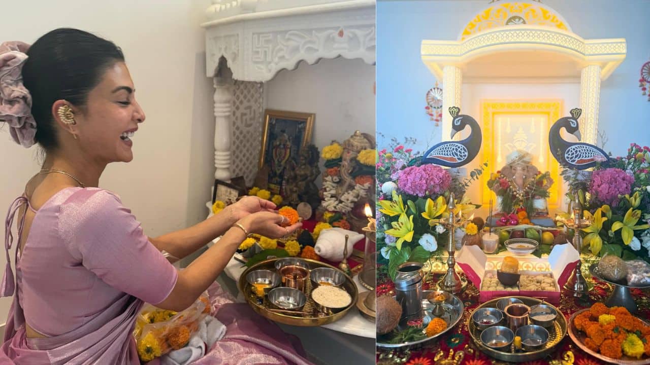 Jacqueline Fernandez Jacqueline Fernandez welcomed Ganpati home for the first time this year. Dressed in a pink saree, she looked radiant as she performed rituals with a big smile. Her idol was beautifully decorated with flowers and vibrant colours, reflecting her excitement and joy for the new beginning. Jacqueline Fernandez Jacqueline Fernandez welcomed Ganpati home for the first time this year. Dressed in a pink saree, she looked radiant as she performed rituals with a big smile. Her idol was beautifully decorated with flowers and vibrant colours, reflecting her excitement and joy for the new beginning.