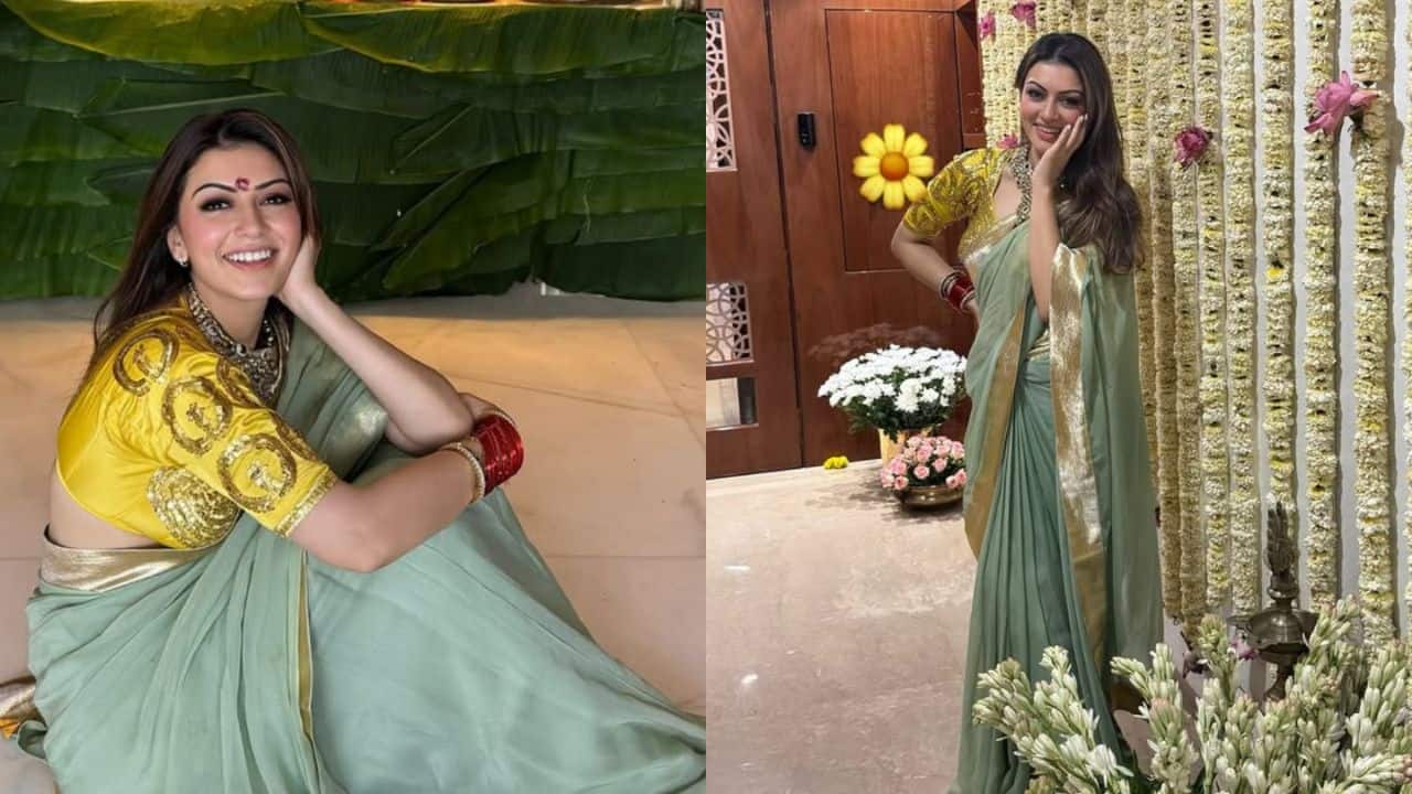 Hansika Motwani In this Ganpati celebration look, Hansika Motwani looks elegant in a light green saree with a gold border, exuding a graceful traditional vibe. She pairs it with a bright yellow sequined blouse, adding a touch of glamour. The vibrant red bangles and delicate necklace enhance her outfit, while her subtle makeup and soft hairstyle complete the festive look. Hansika's radiant smile and relaxed pose showcase her joyful celebration of the occasion, making this look both stylish and festive.
