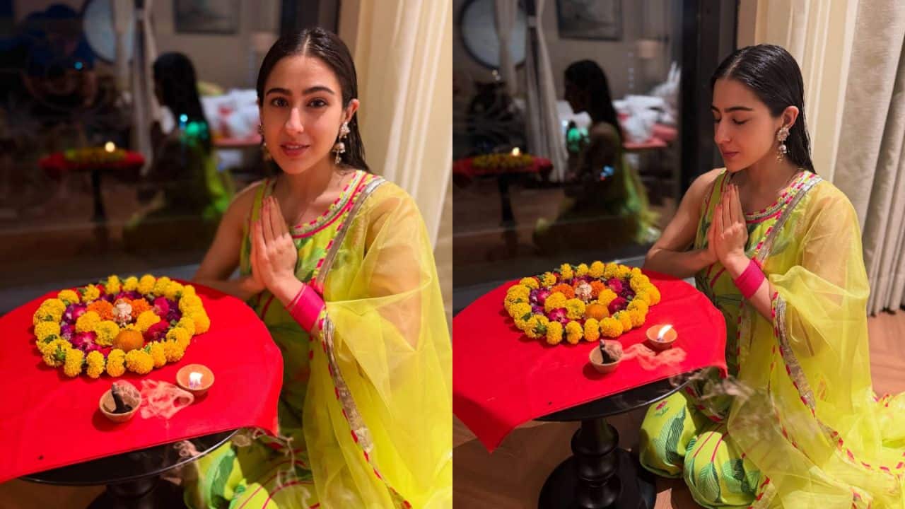 Sara Ali Khan In this beautiful Ganpati look, Sara Ali Khan exudes grace and devotion. Dressed in a vibrant yellow and green traditional outfit, she sits reverently before a flower-decorated Ganesh idol. Her delicate posture, with hands folded in prayer, reflects the spiritual essence of the occasion. The soft lighting, combined with the flowers and incense, creates a serene ambiance, capturing the peaceful celebration of Ganesh Chaturthi. Sara’s look radiates simplicity and elegance, embodying the festive spirit.