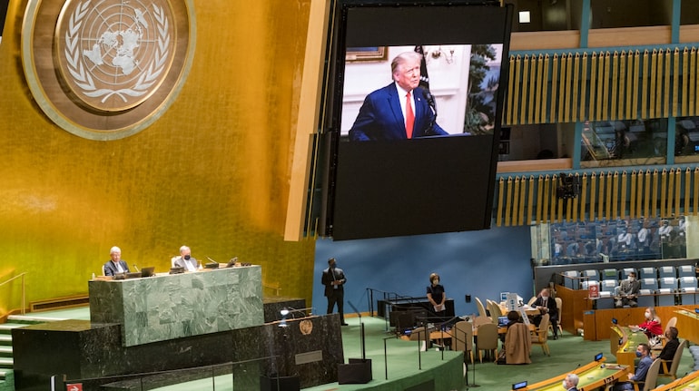File Photo - This UN handout photo shows US President Donald Trump(on screen), as he addresses the general debate of the seventy-fifth session of the United Nations General Assembly, on September 22, 2020 at the UN in New York.