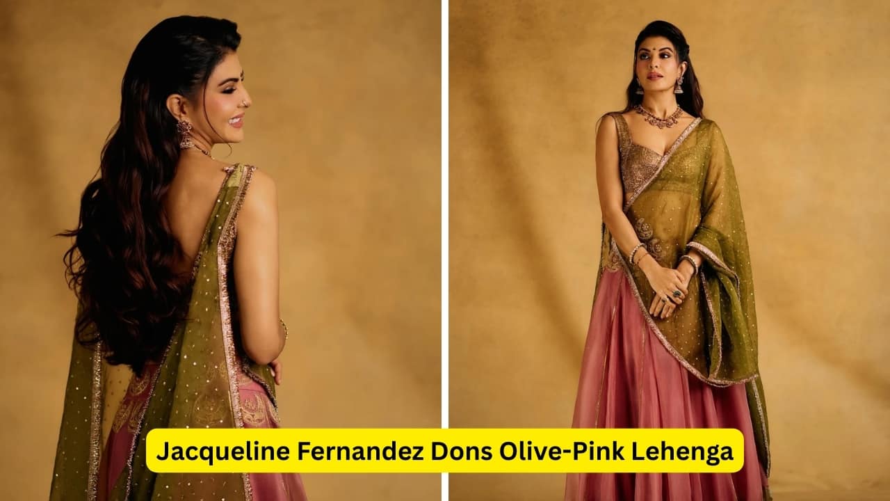 Jacqueline Fernandez Dons Olive-Pink Lehenga Jacqueline looks radiant in a shimmering bronze blouse with a sweetheart neckline, paired with an onion-pink flared skirt. The double-layered golden dupatta at the hem adds a contemporary edge, complemented by an olive-green dupatta scattered with sequins.(Image: Canva)