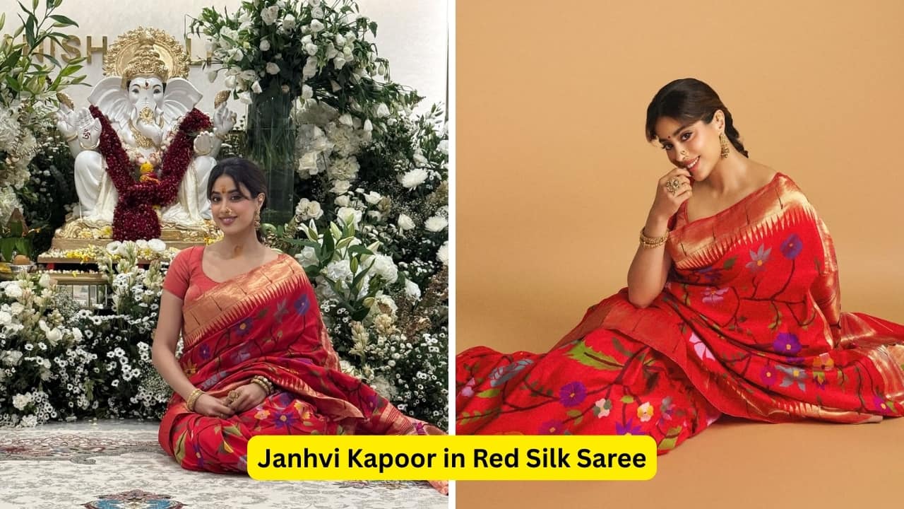 Janhvi Kapoor in Red Silk Saree If you want to stand out in traditional wear this wedding season, opt for a red handloom Paithani saree like Janhvi Kapoor’s, meticulously woven over 65 days. Sourced from the brand Madhurya, the silk drape can be styled beautifully with gold jewellery.(Image: Canva)