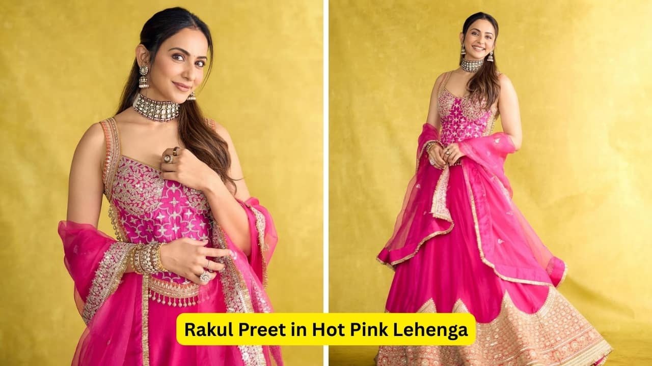 Rakul Preet in Hot Pink Lehenga Stand out in bright hues with this rani-pink ensemble by Gopi Vaid — a trending shade this festive season. Rakul looks stunning in the lehenga, embroidered with delicate gold work. Her chic skirt is paired with a corset-style choli and a matching pink dupatta.(Image: Canva)