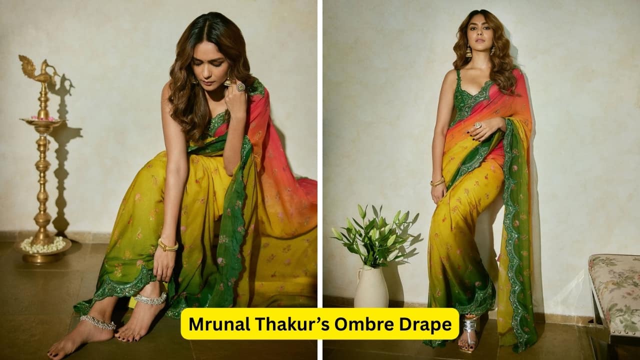 Mrunal Thakur’s Ombre Drape Celebrate the upcoming wedding season by sporting a multi-coloured drape like Mrunal Thakur. What makes the Torani ensemble stand out are its motifs and scalloped, digitally embroidered borders. The actress styled it with a bralette featuring intricate floral cutwork and embroidery.(Image: Canva)