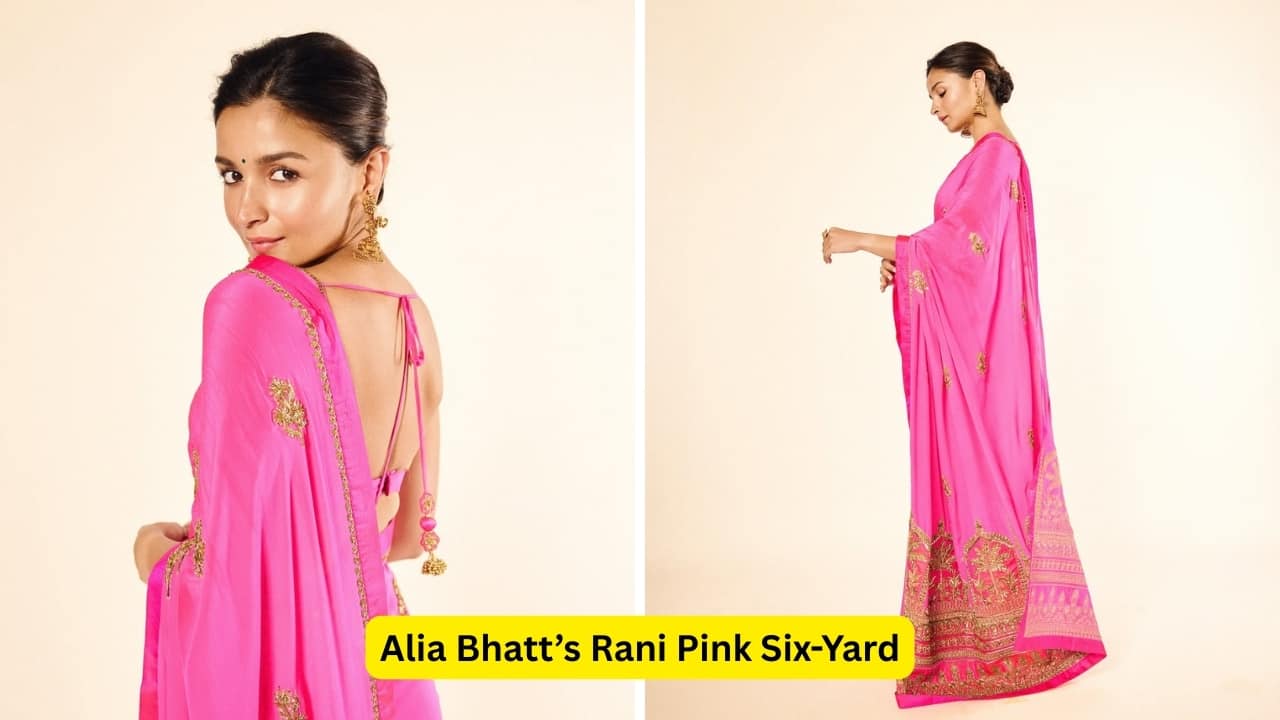 Alia Bhatt’s Rani Pink Six-Yard Alia opted for a hot-pink saree by Masaba Gupta, adorned with embroidered golden floral motifs across the drape. It also featured an intricate ‘jharokha’ pattern, along with detailed appliqué and patchwork on the hem that took over 275 hours to craft.(Image: Canva)