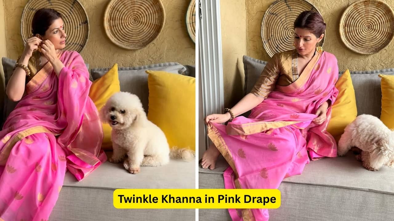 Twinkle Khanna in Pink Drape Pink and gold is a classic festive combination that never fails to impress. The actress looks like a true desi beauty in the traditional saree paired with a bronze blouse, complemented by golden jewellery.(Image: Canva)