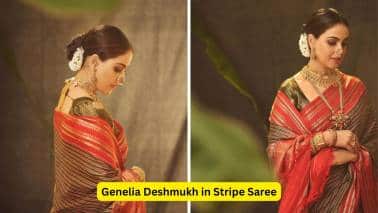 Genelia Deshmukh in Stripe Saree Just like hot pink, stripes are the flavour of the season. Genelia looks gorgeous in this stunning traditional striped saree, featuring an eye-catching red border. Styled with a complementary blouse, the look is timeless and elegant. (Image: Canva)