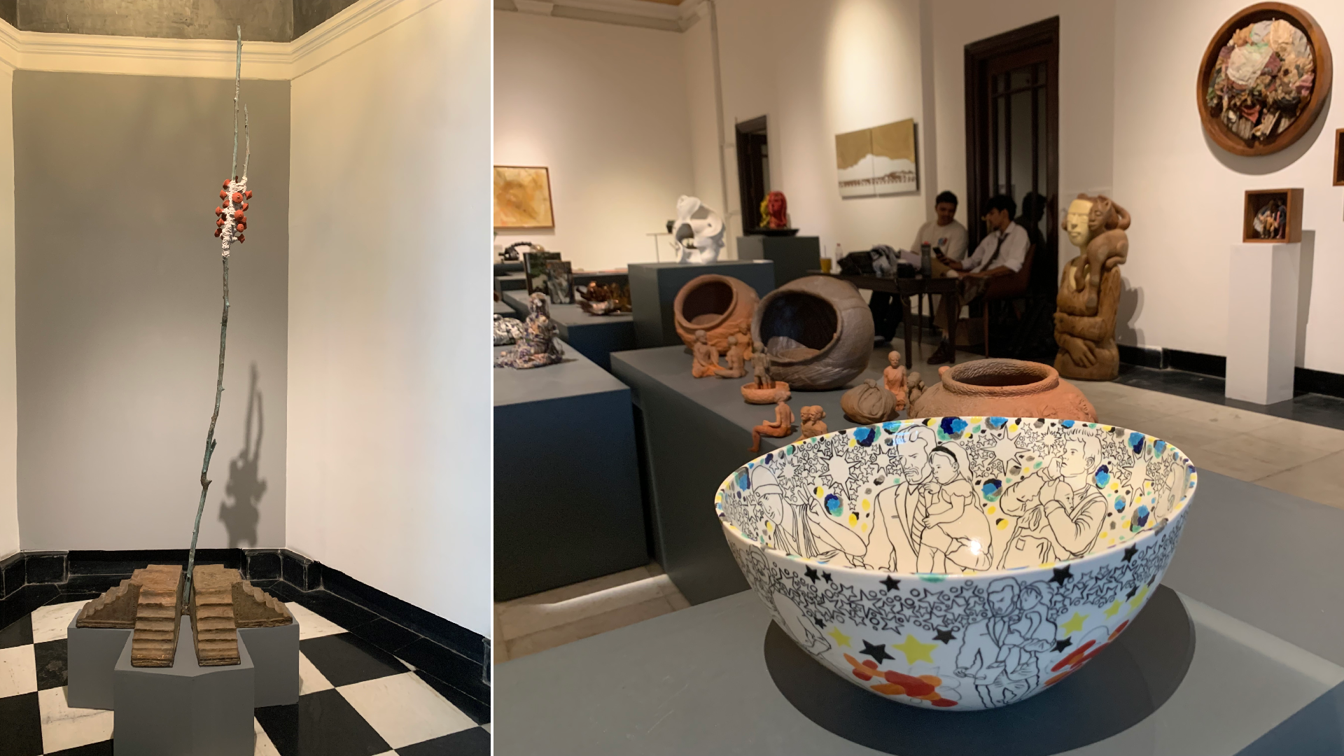 GR Iranna's 'Holly Path in Temple' (bronze; 92x32x32 in; 2025), on display at Bikaner House in Delhi; and part of the sculpture show at DCAW 2025. (Image credit: Moneycontrol)