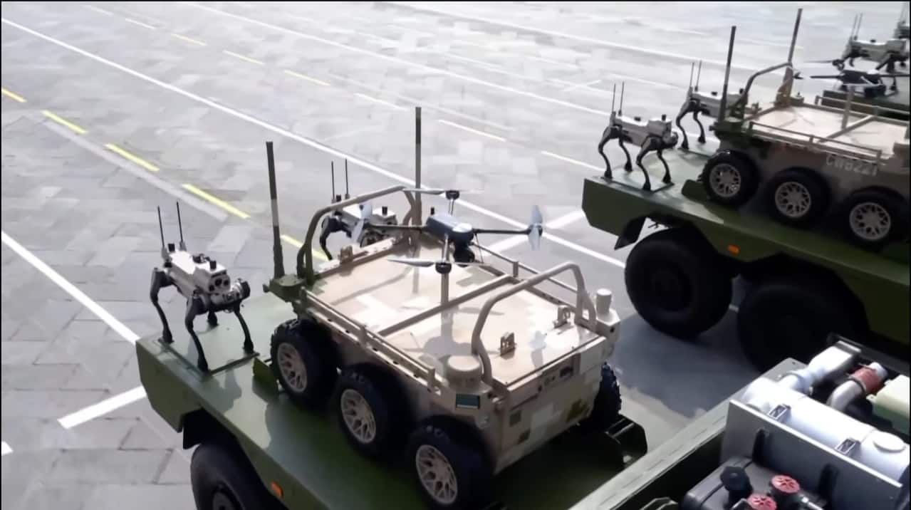 China unveiled advanced ‘robot wolves’ at the parade, with state media claiming they surpass robot dogs in performing reconnaissance, supply delivery, and precision strikes while reducing combat casualties. (Image: AP) 