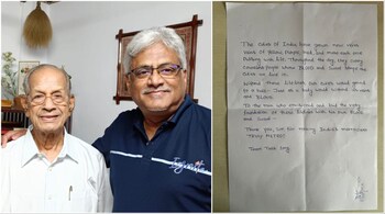 The Metro Man of India, Elattuvalapil Sreedharan, with his son-in-law and Big Basket co-founder Hari Menon. (Right) A handwritten letter written by the delivery team of Tata 1mg to Sreedharan. (Image credit: @harimenon_bb/X)