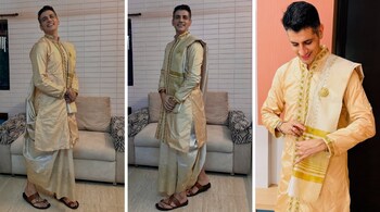 For Ganesh Chaturthi, Bhooshan Malkani, a fashion influencer, took his mother’s saree and showed how to drape it as a dhoti in his now-viral video (Images: @insta_bhoo/Instagram)
