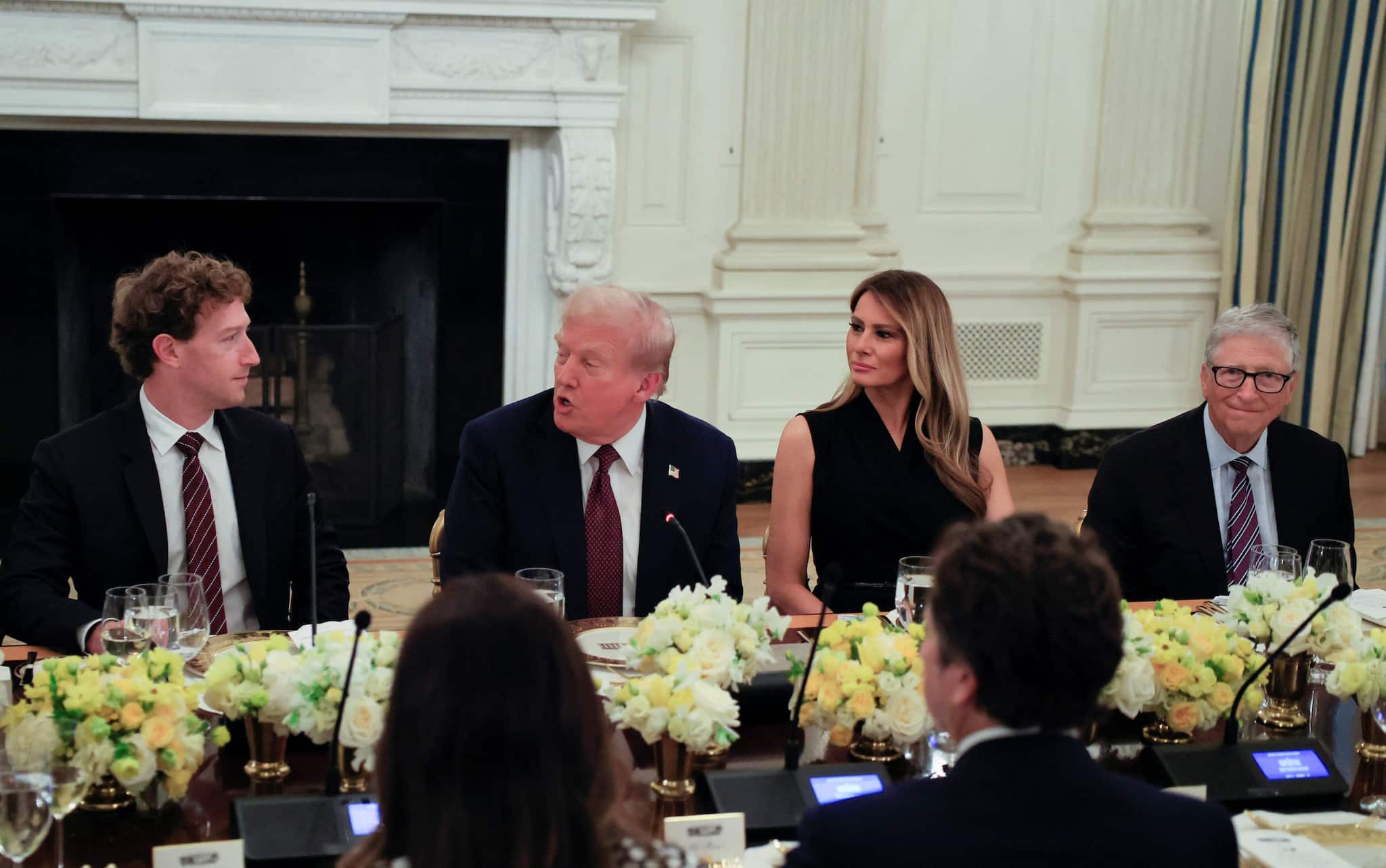 Trump sat flanked by Bill Gates and Mark Zuckerberg, while Sundar Pichai, Tim Cook, and Satya Nadella joined other executives including Sergey Brin, Sam Altman, and Safra Catz. (Reuters) 