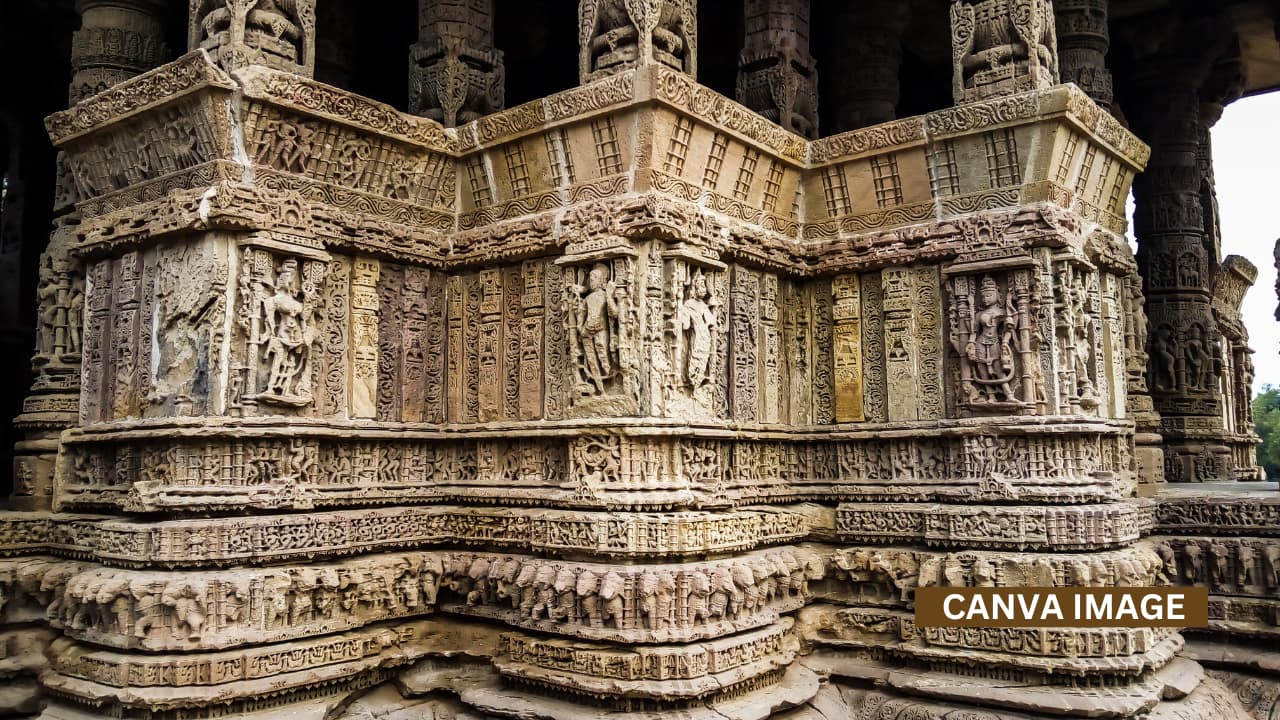 Modhera Sun Temple: An ancient Hindu temple showcasing intricate carvings, sacred architecture, and timeless spiritual heritage. (canva image)