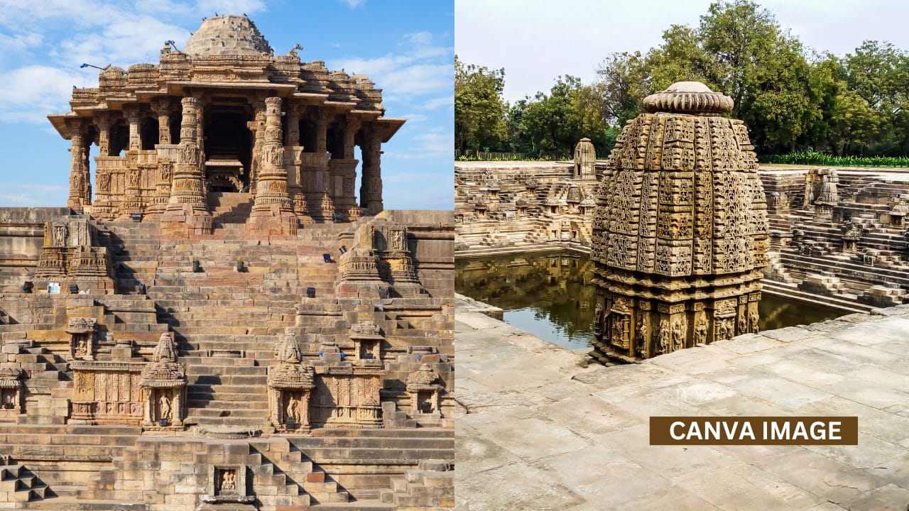 Modhera Sun Temple in Gujarat, a 1000-year-old solar marvel with Surya Kund, carved pillars, and sanctum aligned to sunrise. (canva image)
