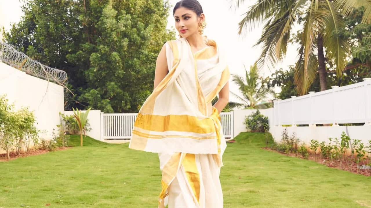 Mouni Roy stuns in traditional white and golden saree on Onam, See pics