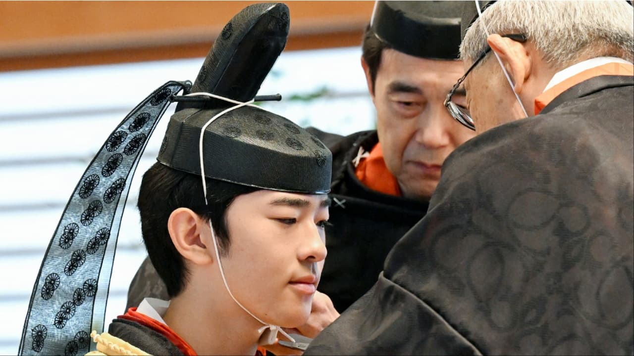 The nephew of Emperor Naruhito and second in line to become emperor after his father, the 19-year-old received a black silk and lacquer crown at the ceremony, which marks the beginning of his royal adult life. (Image credit: AFP)