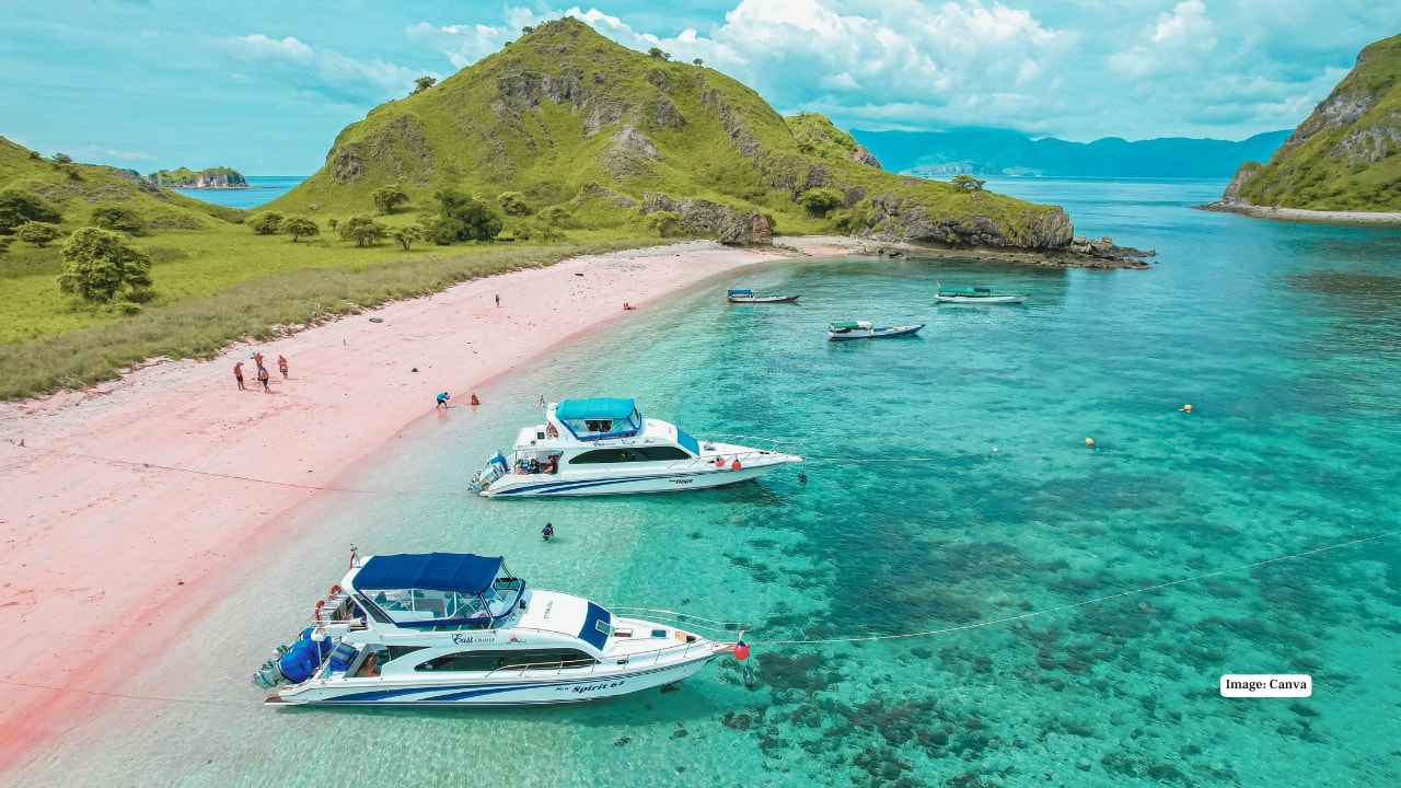 1. Pink Beach, Indonesia Komodo Island’s Pink Beach is nature’s rarity, where crushed red coral mixes with white sand to create a blush-colored shoreline. With Komodo dragons nearby and crystal-clear water perfect for snorkeling, it’s wild, otherworldly, and unforgettable. (Image: canva)