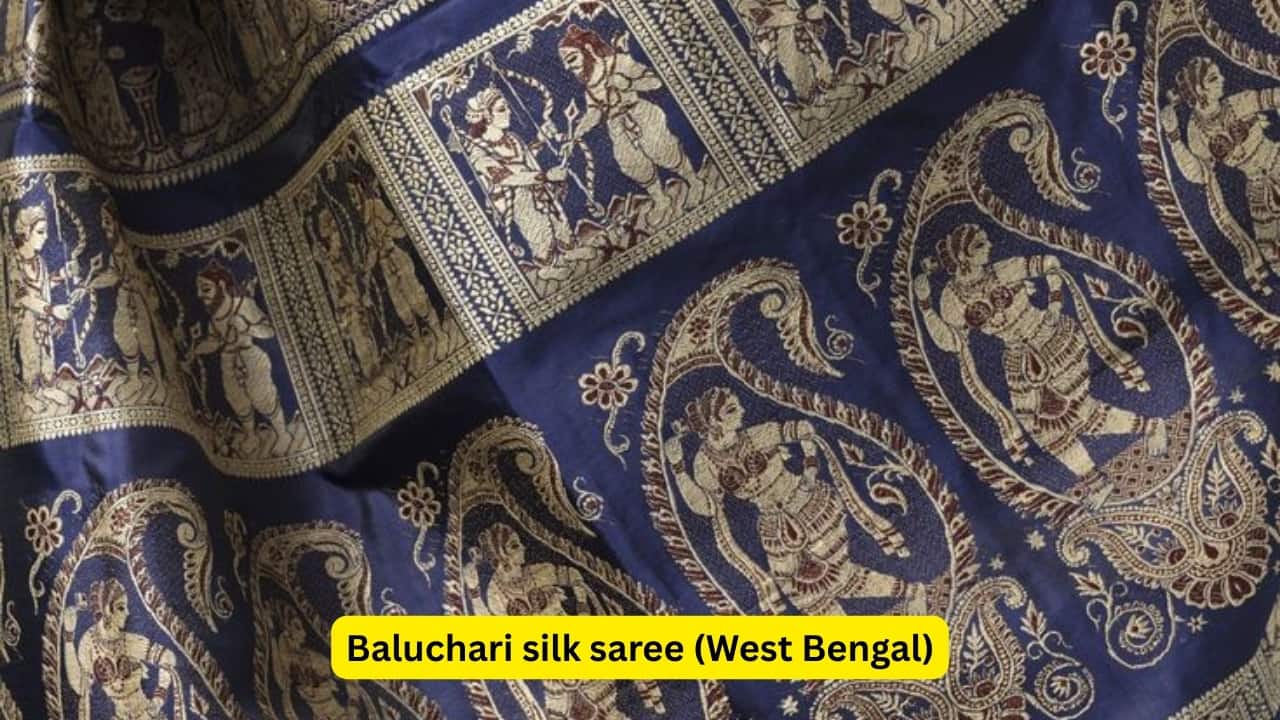 Baluchari silk saree (West Bengal) Baluchari sarees are characterised by elaborate storytelling borders and pallus (the long end of the saree), usually demonstrating a story from mythology and epics. A ballpark average cost for a Baluchari saree, ranging from ₹50,000 to ₹1.5 lakh, takes several weeks to weave. Traditional sarees were primarily worn by zamindars or aristocrats, and along with the Jamdani saree, are now considered valuable as well as used as high-end attire.(Image: Pinterest)