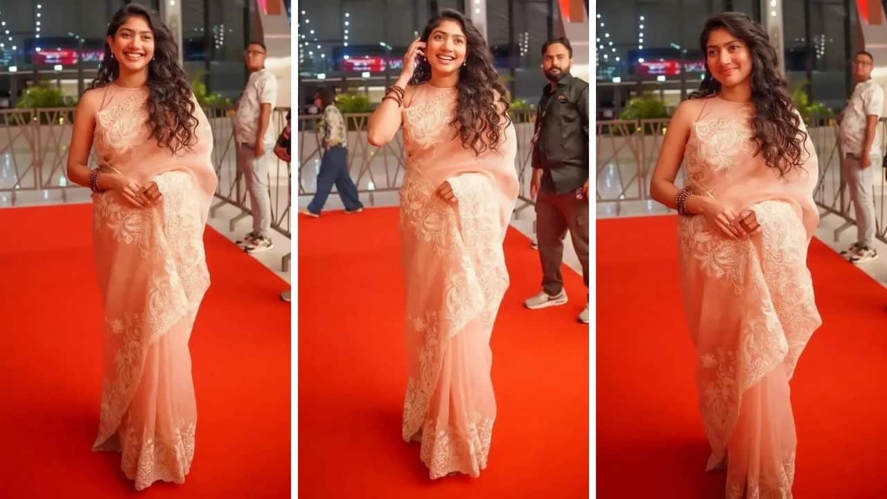 Ramayana actress Sai Pallavi sets hearts racing in peach georgette saree in Dubai