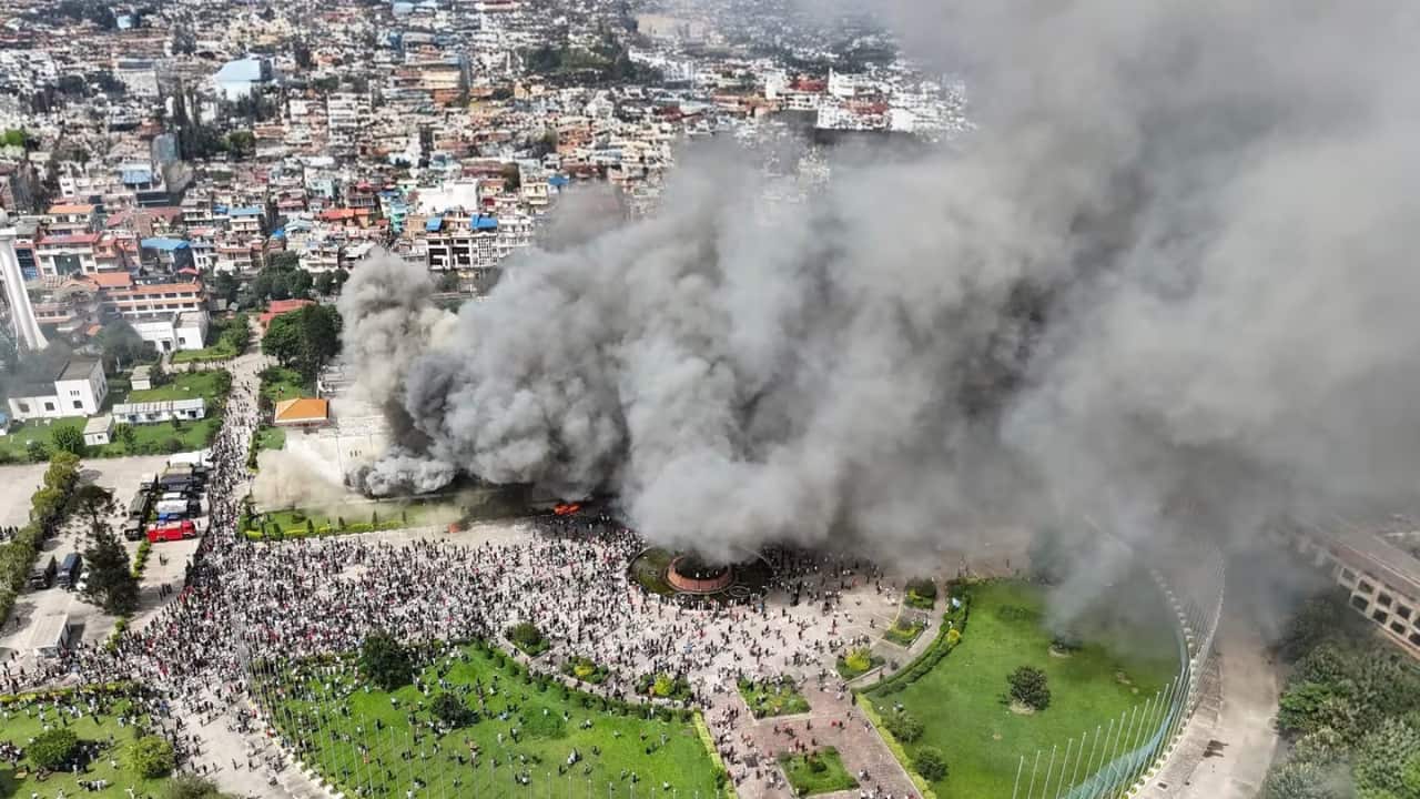 Protesters also set fire to Nepal’s Parliament building. Residences of political leaders, including PM Oli’s private residence, and offices of major parties were also attacked with stones and fire by protestors on Tuesday.