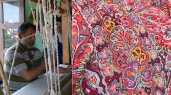 A Kashmiri shawl weaver in Srinagar; and a 'dorukha' - or reversible - Kashmiri Pashmina. (Image credits: Zatara Iqbal and Jaina Mishra, respectively, via Wikimedia Commons 4.0)