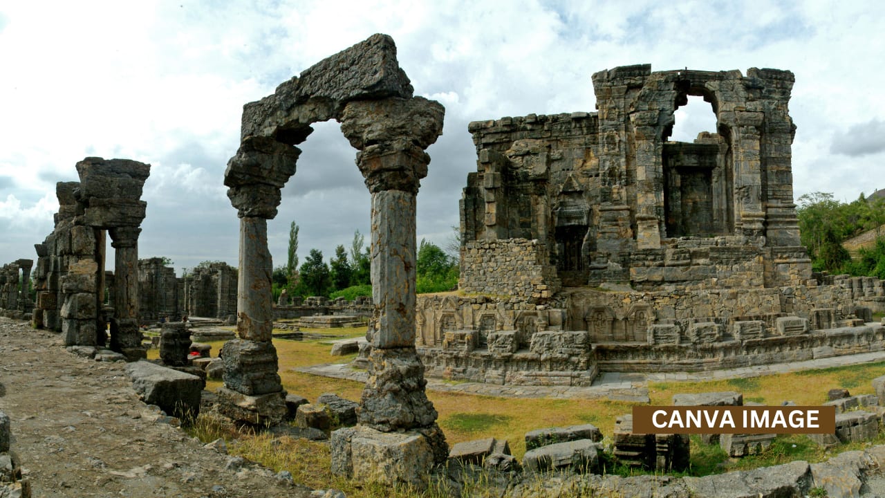 Panoramic view of Martand Sun Temple against the Kashmir valley backdrop