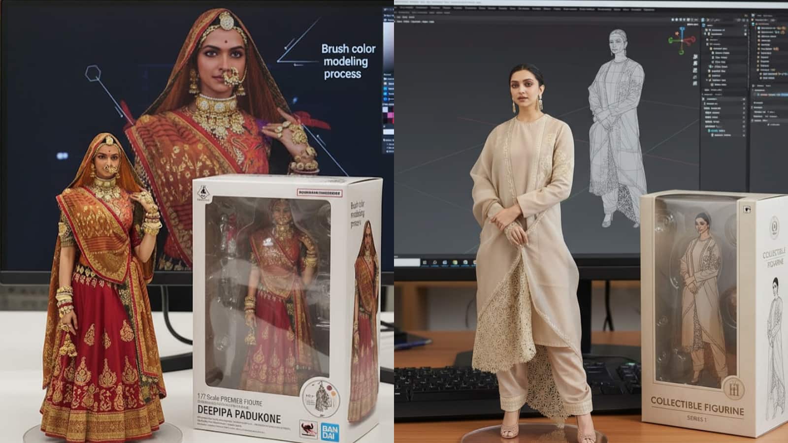 Deepika Padukone Deepika Padukone takes centre stage in AI 3D collectibles—one figurine as Rani Padmavati from Padmaavat, draped in regal lehenga and jewels, blending cinematic artistry and futuristic design. Bollywood’s magic, preserved forever in miniature.