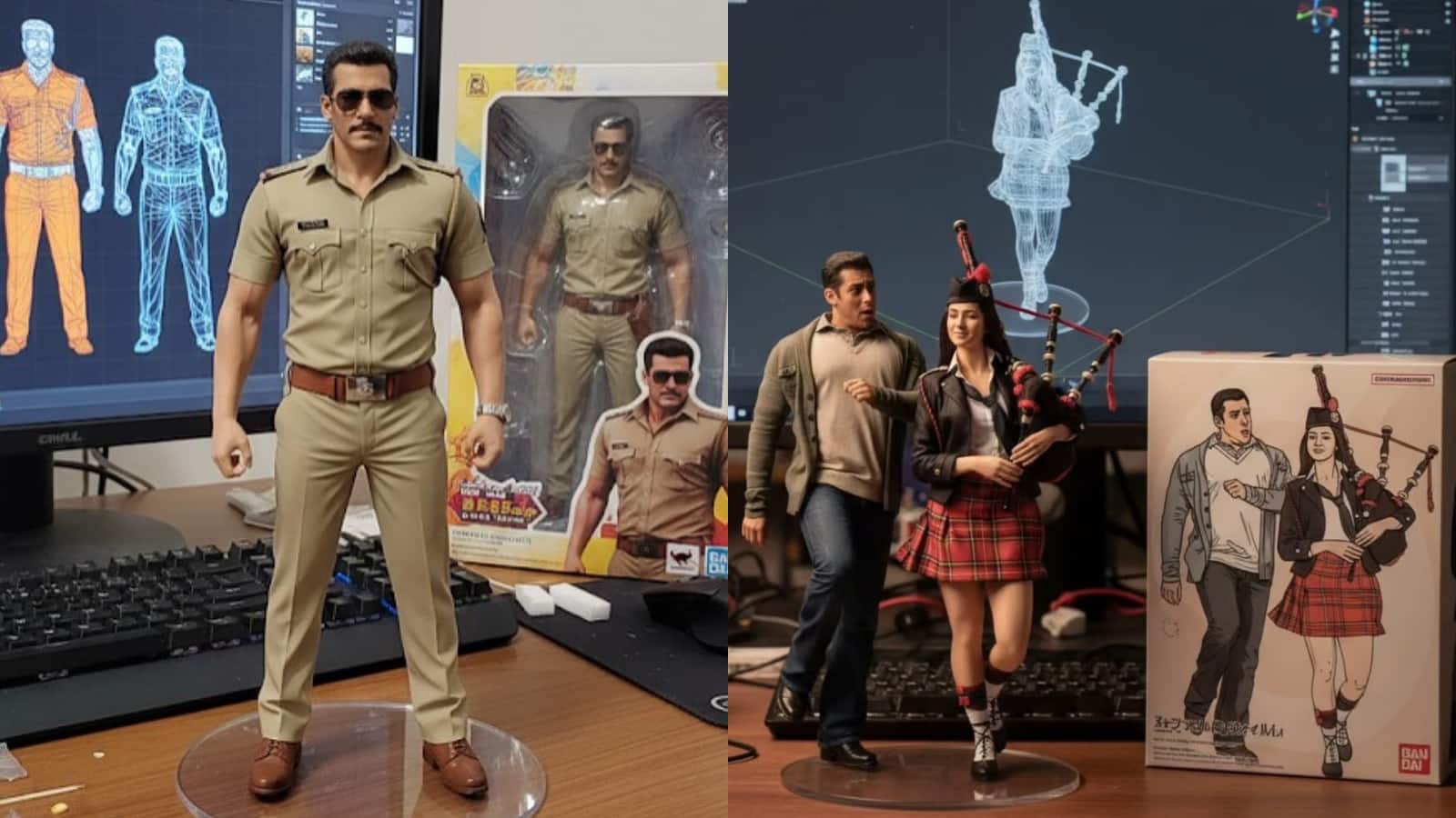 Salman Khan Salman Khan's AI model showcases him in his Dabangg uniform, donning a police dress. Another image features him with Katrina Kaif from the song &quot;Banjara&quot; in Ek Tha Tiger.