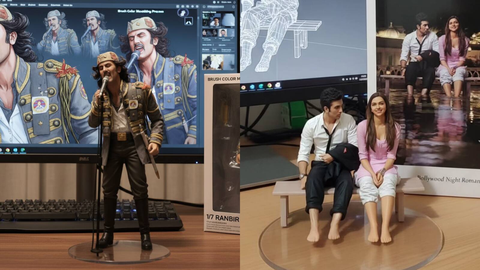 Ranbir Kapoor Ranbir Kapoor's AI model depicts him as Janardhan Jakar from Rockstar, singing. Another image features him with Deepika Padukone, sitting by the water from their movie Yeh Jawaani Hai Deewani.